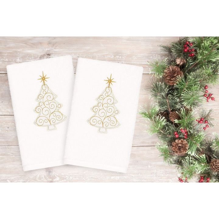 Authentic Hotel and Spa Turkish Cotton Christmas Scroll Tree White Set of 2 Hand - Diamond Home USA