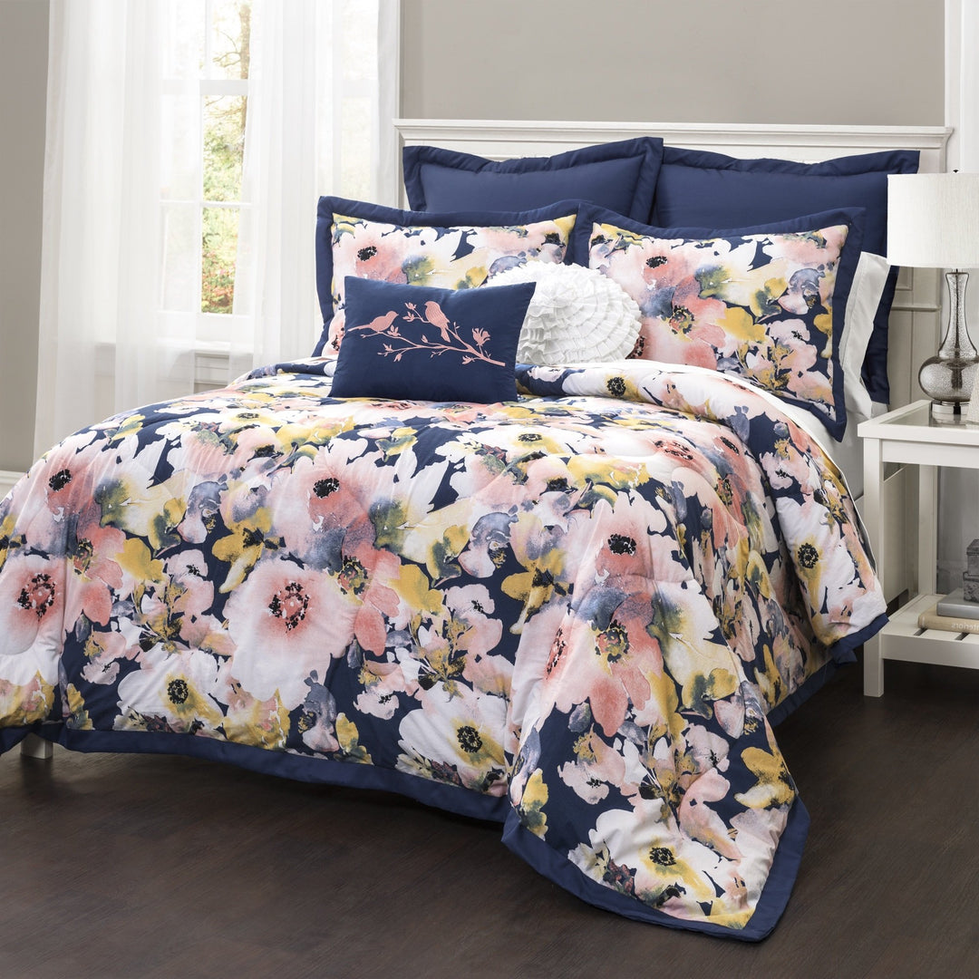 7 Piece Fresh Bohemian Floral Pattern Comforter Set King Size Printed Watercolor