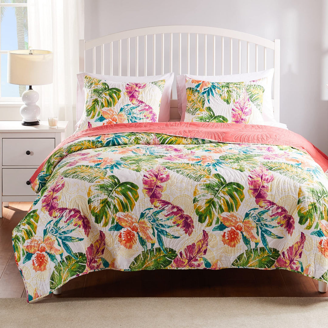 Greenland Home Tropics Cotton Quilt Set 3-Piece Full/Queen Coral Full - Queen