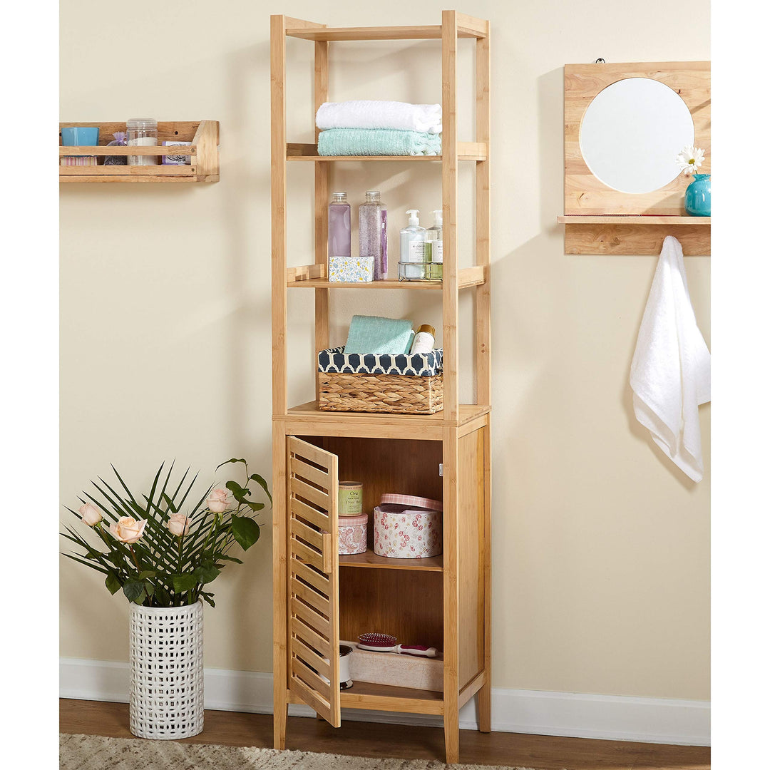 Bamboo Linen Cabinet Tower 3 Tier Free Standing Natural Wood Bathroom Shelving