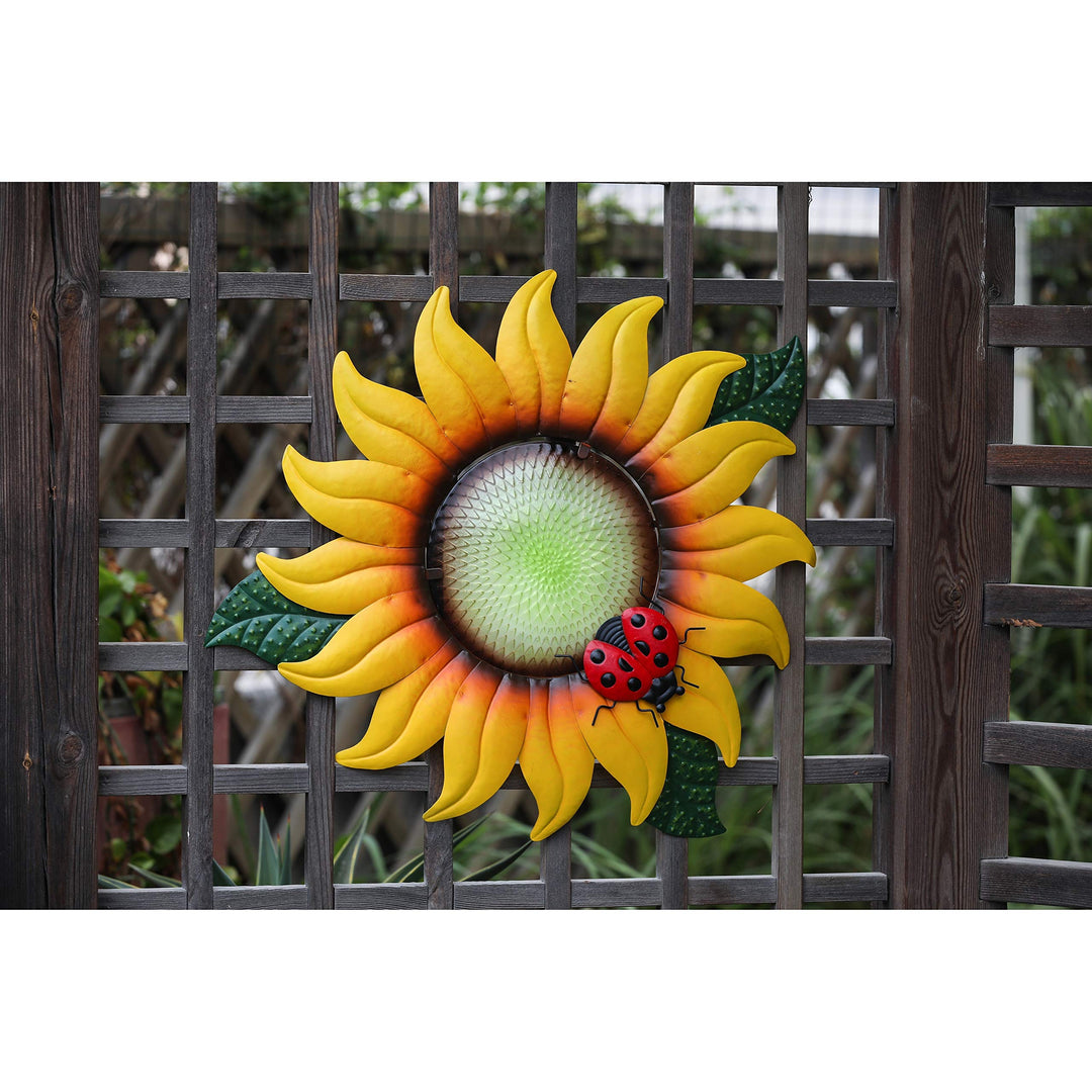 Sunflower Metal and Glass Outdoor Wall Green Yellow Farmhouse Iron Handmade