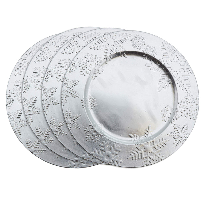 Embossed Winter Snowflake Design Charger Plate - Set Of 4 Pcs Silver Round