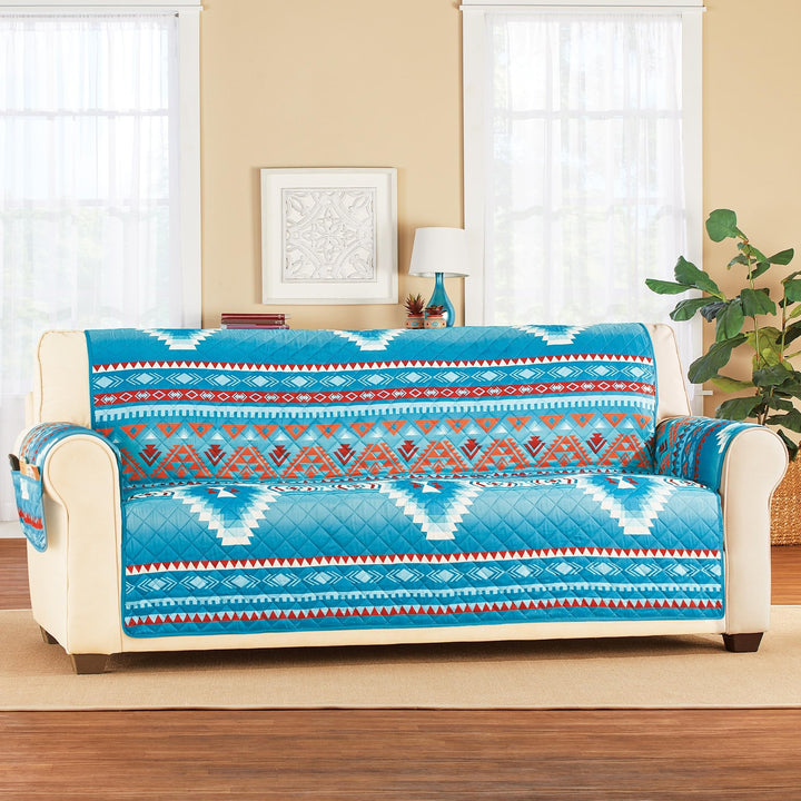 Quilted Turquoise Southwest Aztec Furniture Cover Sofa Blue