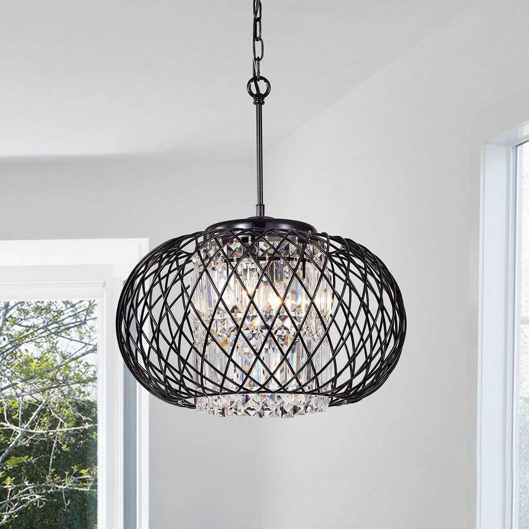 Antique Black 3-light Round Drum Chandelier with Crystal Modern Contemporary