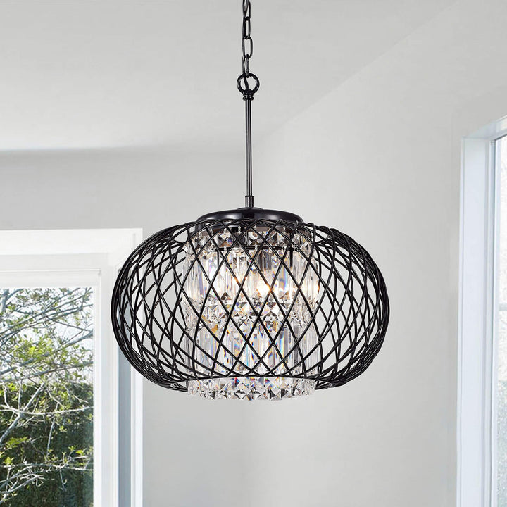 Antique Black 3-light Round Drum Chandelier with Crystal Modern Contemporary