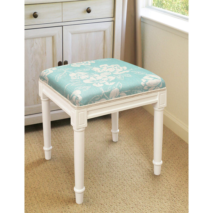 Aqua Magnolia Vanity Stool with White Frame Blue Floral Transitional Pattern