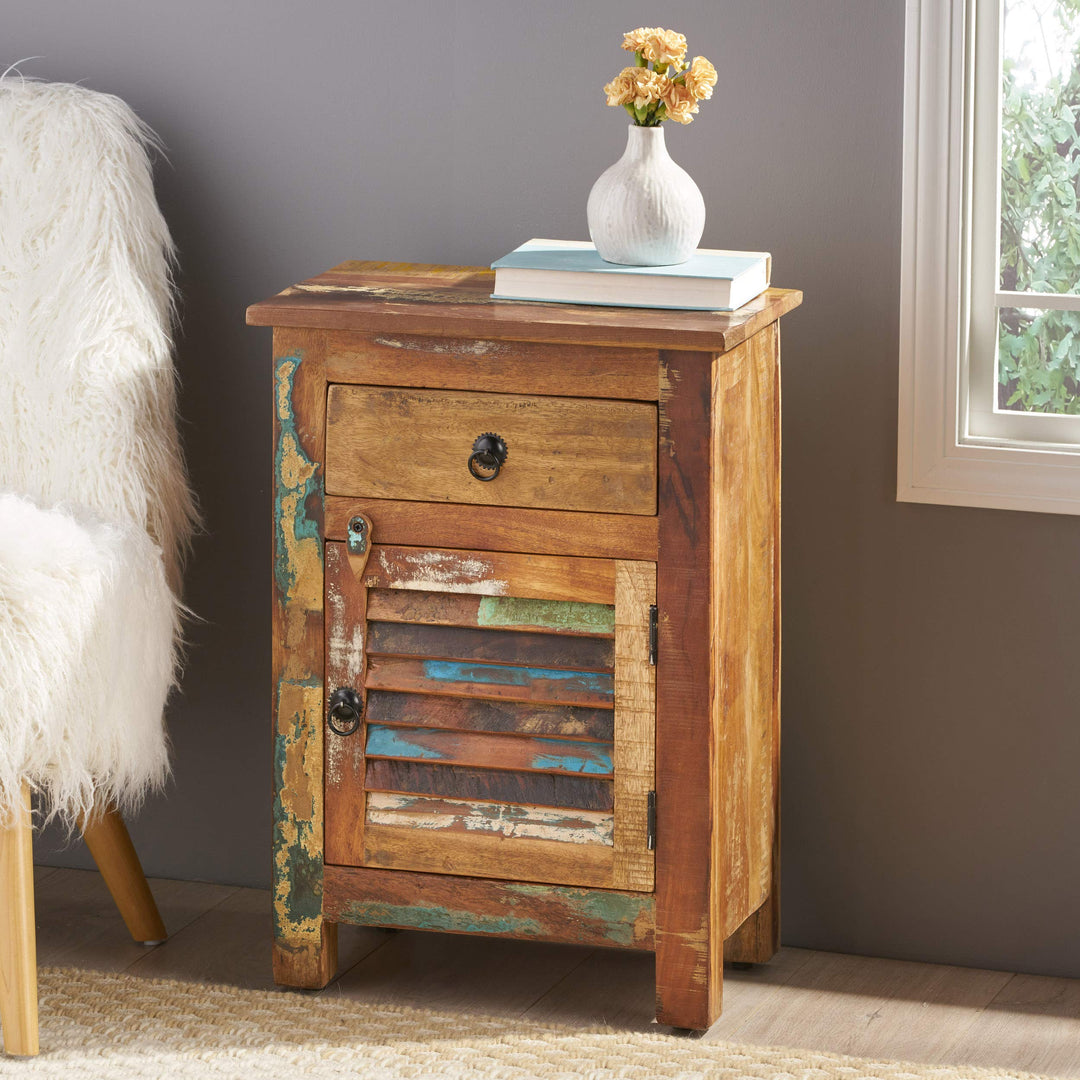 GDFStudio Wooden Side Table with Drawer Distressed Paint