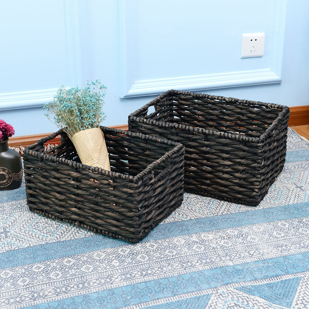 Set Of 2 Rectangle Handmade Twisted Wicker Baskets With Handles (Black) Black