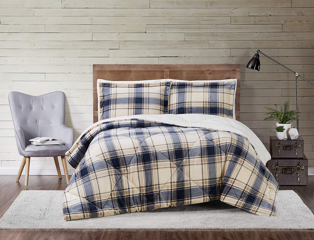 Truly Soft Cuddle Warmth Printed Plaid Full/Queen Comforter Set in Blue and Blue/Cream - Full - Queen