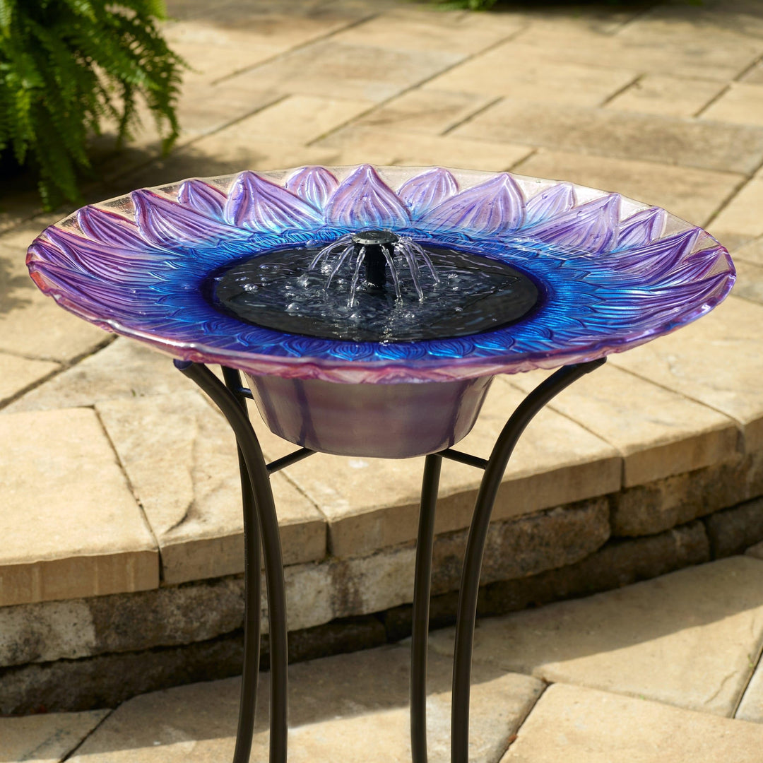 Bell Flower Solar Birdbath Purple Glass