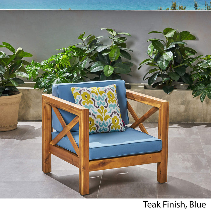 GDFStudio Outdoor Acacia Wood Club Chair with Cushion Teak Finish and Blue