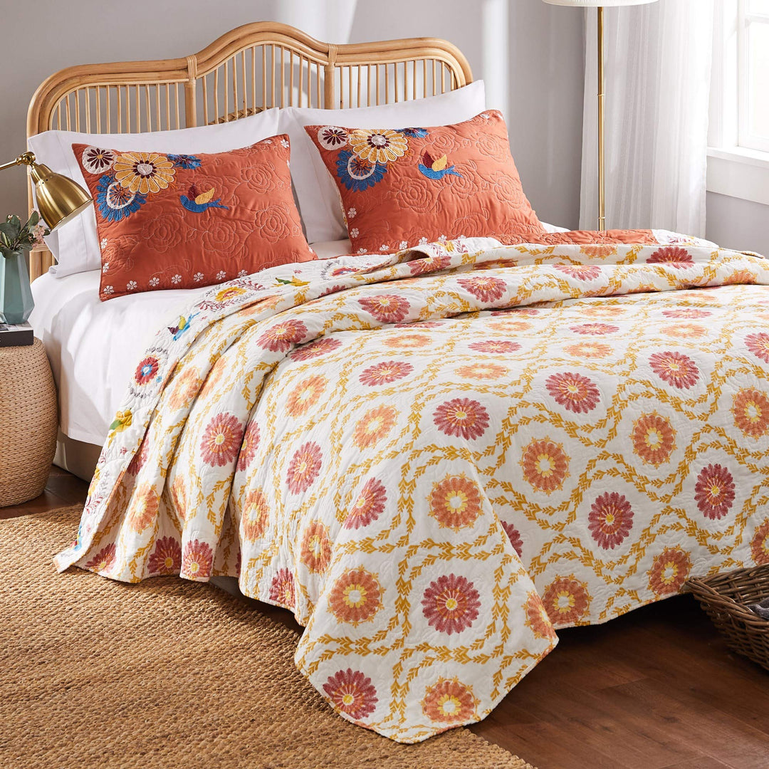 Greenland Home Topanga Orange Bohemian Floral Quilted Bedspread Set