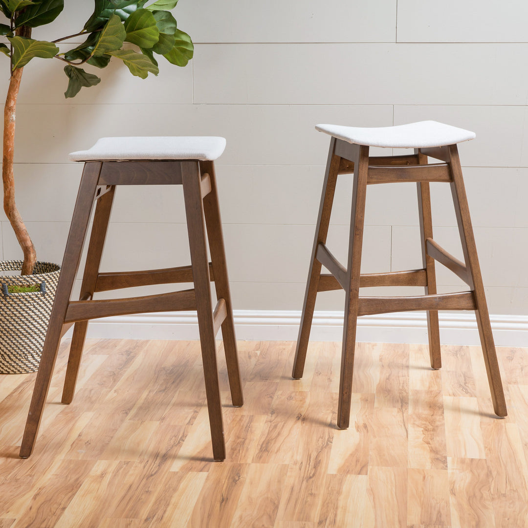 Christopher Knight Home Emmaline Fabric / Walnut Finish Bar Stools 2-Pcs Set Light Beige + Natural Walnut