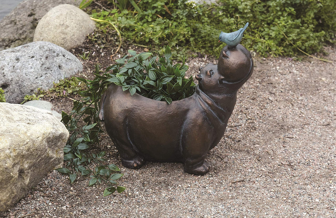 Roman - Hippo with Bird Planter 13" H Garden Collection Resin and Stone