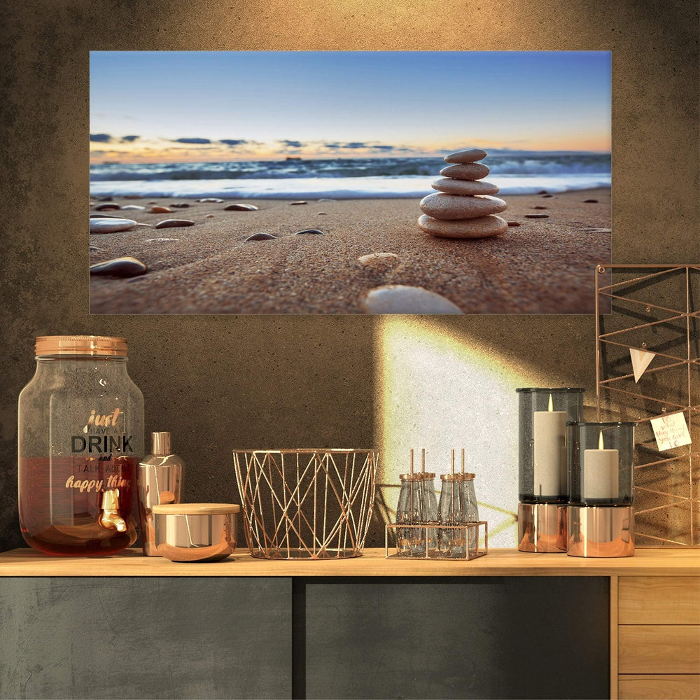 20 X 12 Blue Brown Zen Cairn Stone Canvas Art Spiritual Yoga Chakra Themed - Diamond Home USA