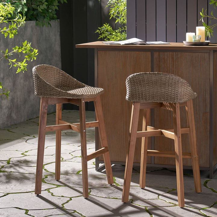 Wicker and Acacia Wood Outdoor Barstools Brown Rustic Rattan Water Resistant