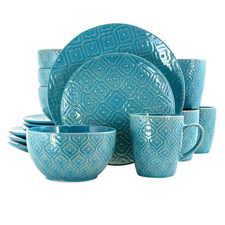 16 Piece Round toneware Dinnerware et in Aqua Blue Textured Casual Microwave