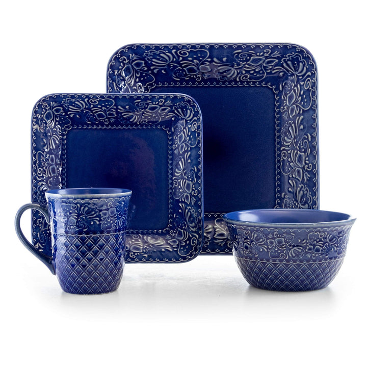 Indigo Lotus 16 Piece Square Stoneware Dinnerware Set Blue Floral Casual