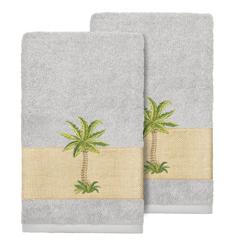 Authentic Hotel and Spa Turkish Cotton Palm Tree Embroidered Grey Hand Towels - Diamond Home USA