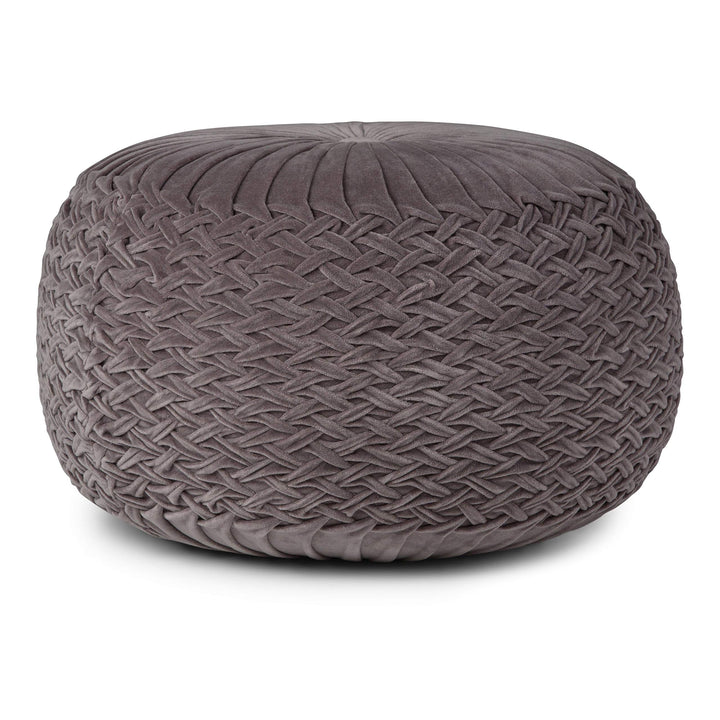 Transitional Round Pouf in Grey Velvet Traditional Solid Cotton Handmade