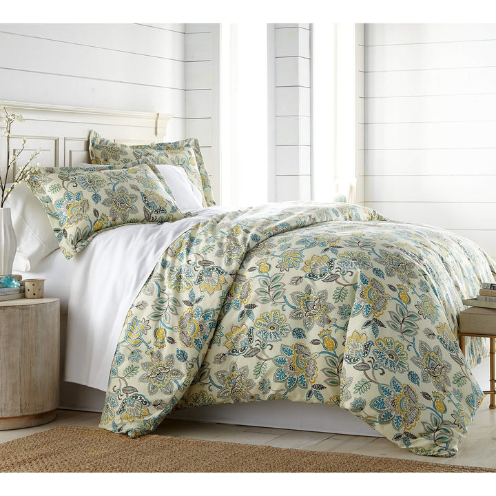 3 Piece Cream Green Flower Theme Duvet Cover Set King/Cal King Blue Teal Cream - King - Cal King