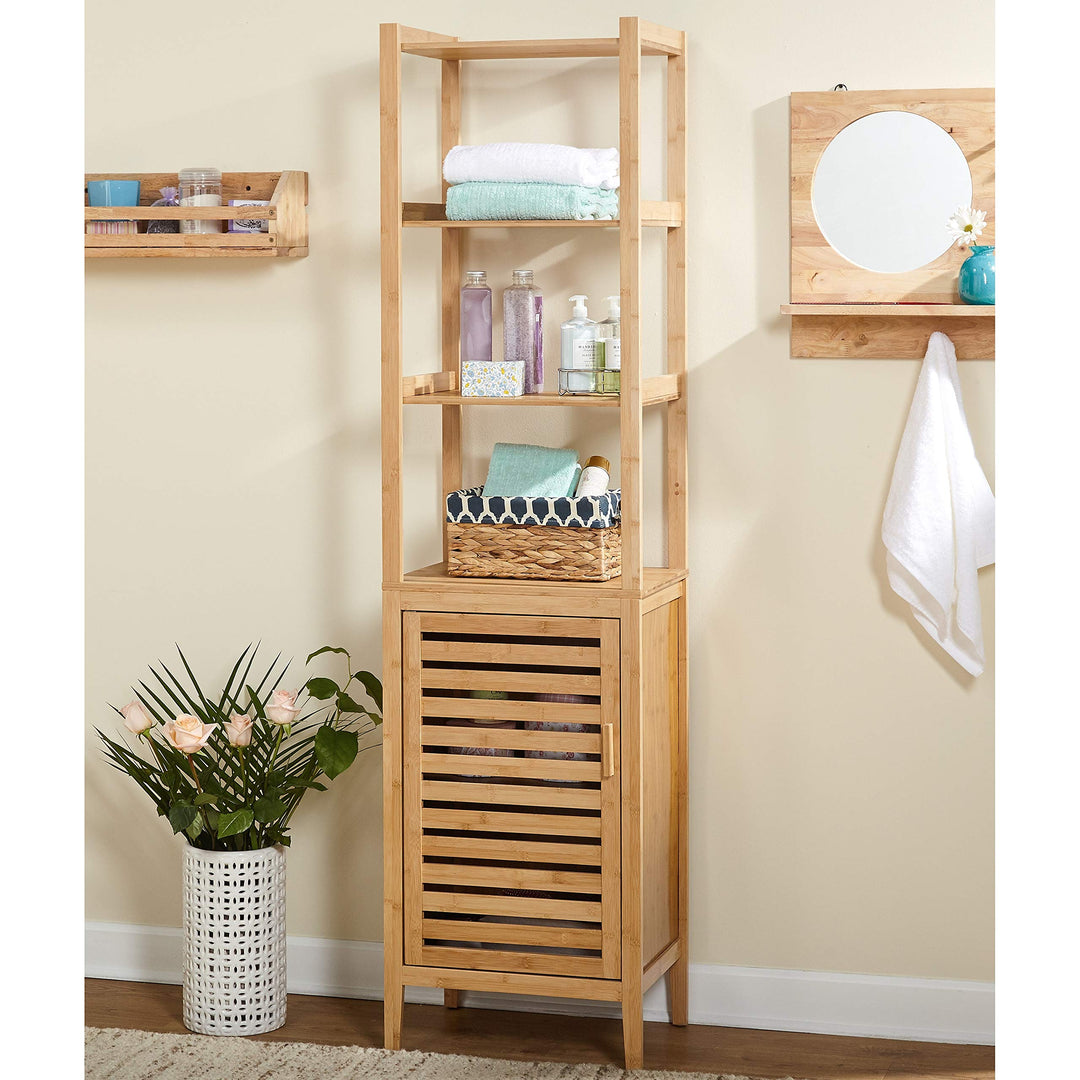 Bamboo Linen Cabinet Tower 3 Tier Free Standing Natural Wood Bathroom Shelving