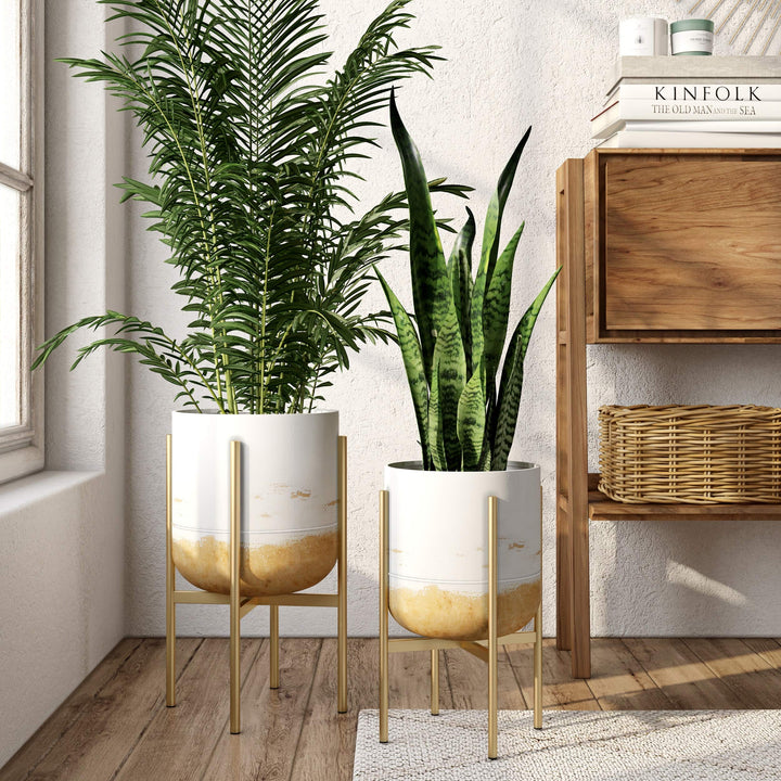 Modern Planters (Set of 2) Gold White Mid-Century Round Metal