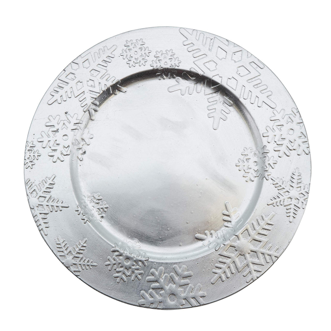 Embossed Winter Snowflake Design Charger Plate - Set Of 4 Pcs Silver Round