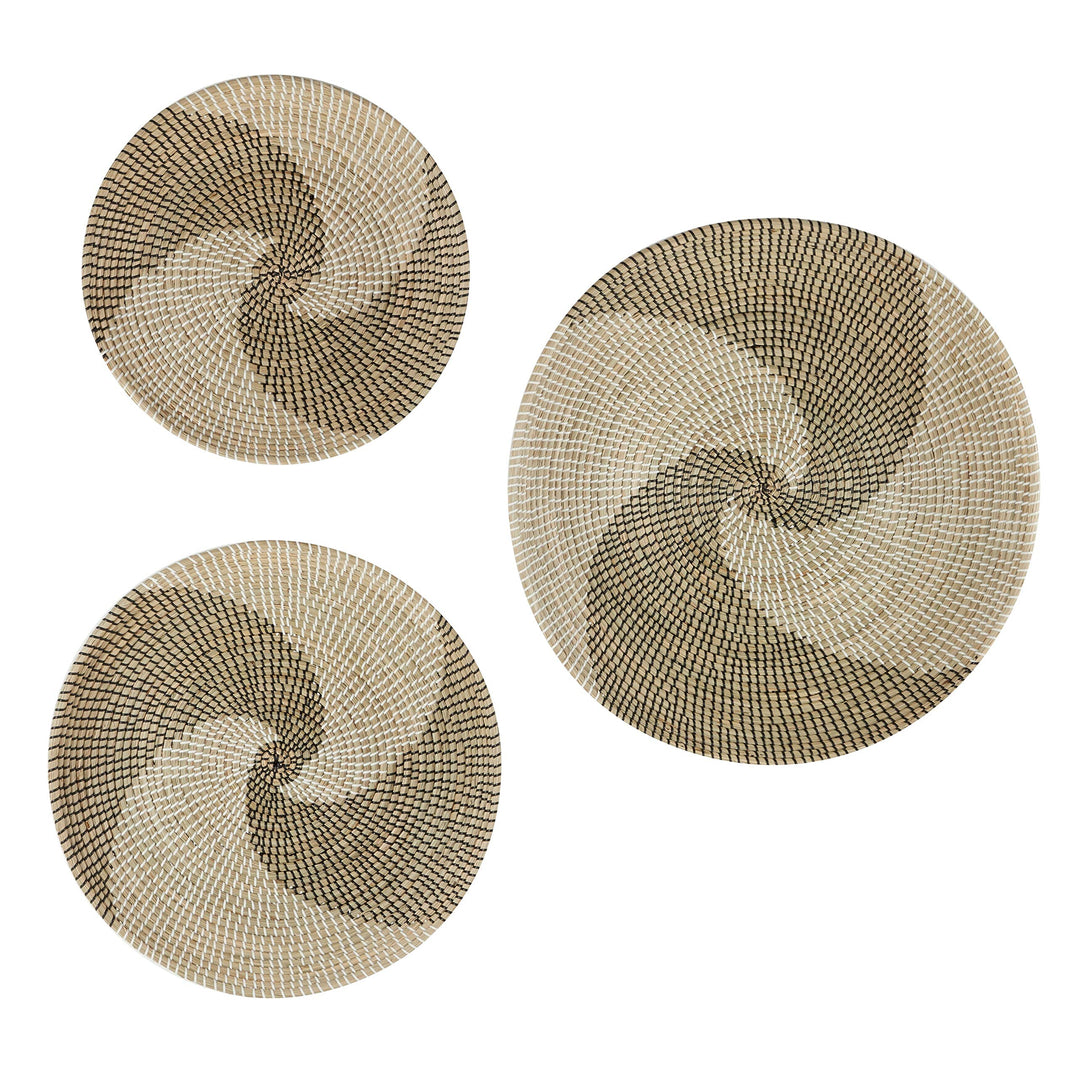 Round Black and White Swirl Natural Seagrass Wall Trays Set of 3 28.5" 23.5" 20"