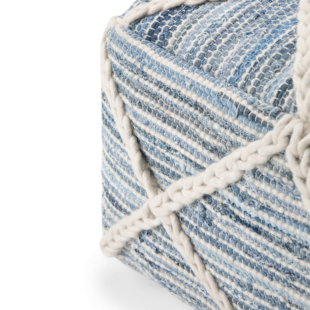 Square Pouf in Blue/Natural Handloom Woven Pattern Blue Geometric Modern