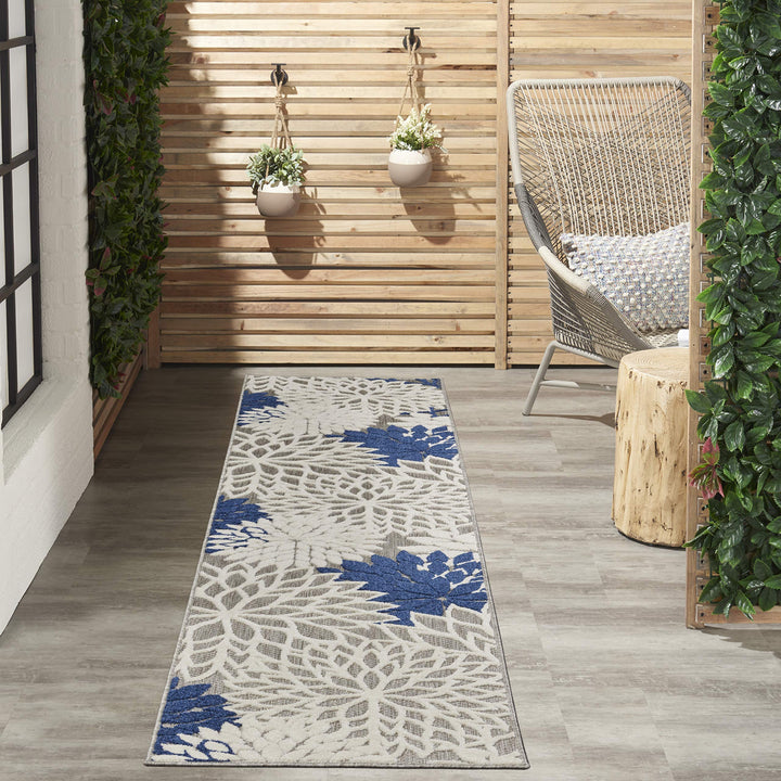 Nourison Aloha Indoor/Outdoor Floral Ivory/Navy 2'3" x 10' Area Rug (10' Runner) 2'3" x 10' - Ivory/Navy Blue