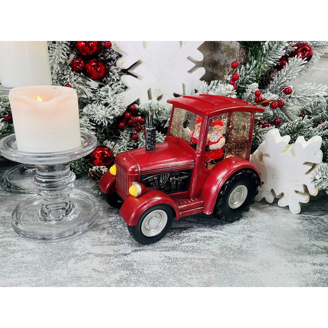 Santa's Red Tractor Lighted Snow Lantern 6.5" 6.5" h X 5.25" 8.75" w Multi Color