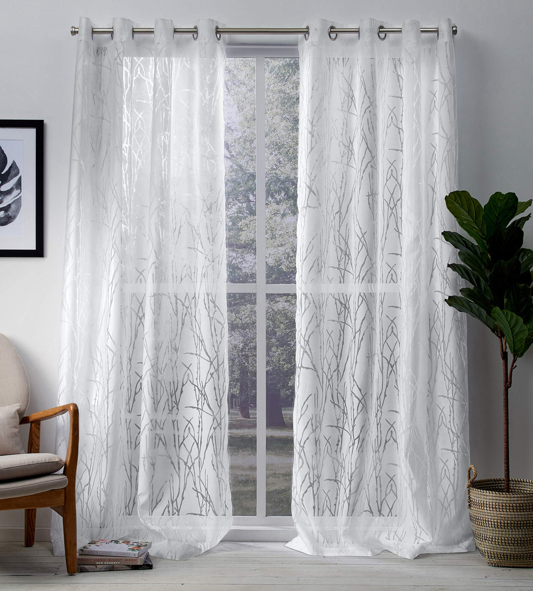 Exclusive Home Edinburgh Sheer Branch Burnout Grommet Top Curtain Panel Pair 52x108