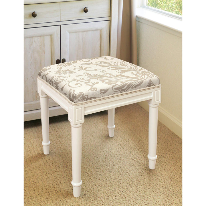 Taupe Tuscan Floral Vanity Stool with White Frame Transitional Pattern Linen