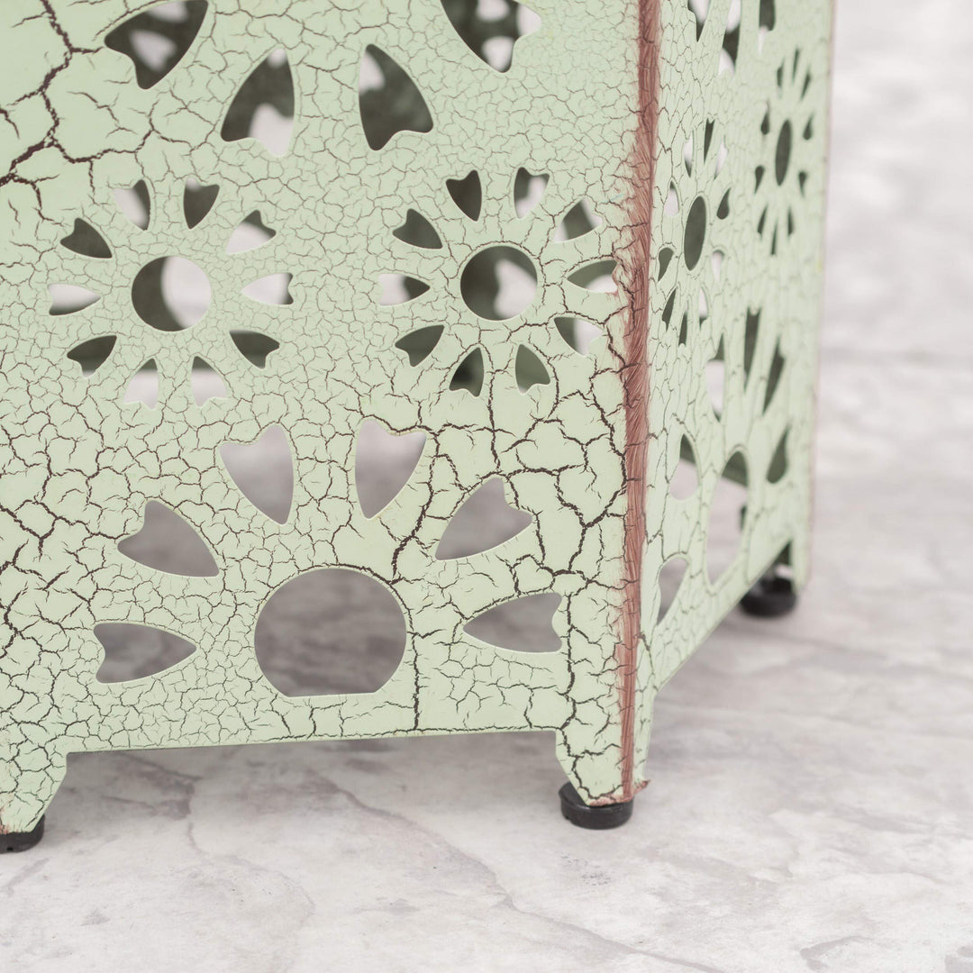 Crackle Green Iron Side Table Hexagon Outdoor Table for Patio Floral Cut Out