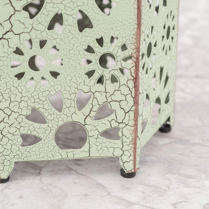 Crackle Green Iron Side Table Hexagon Outdoor Table for Patio Floral Cut Out