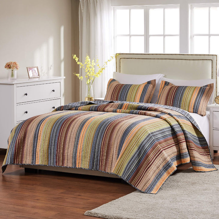 Greenland Home Fashions Katy 100% Cotton Reversible Stripes Quilt Set