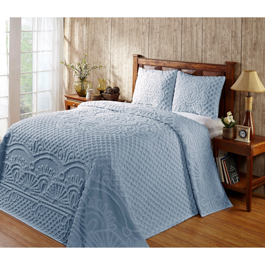 3 Piece 120 x 110 Pale Blue Oversized Chenille Bedspread King to The Floor - Diamond Home USA