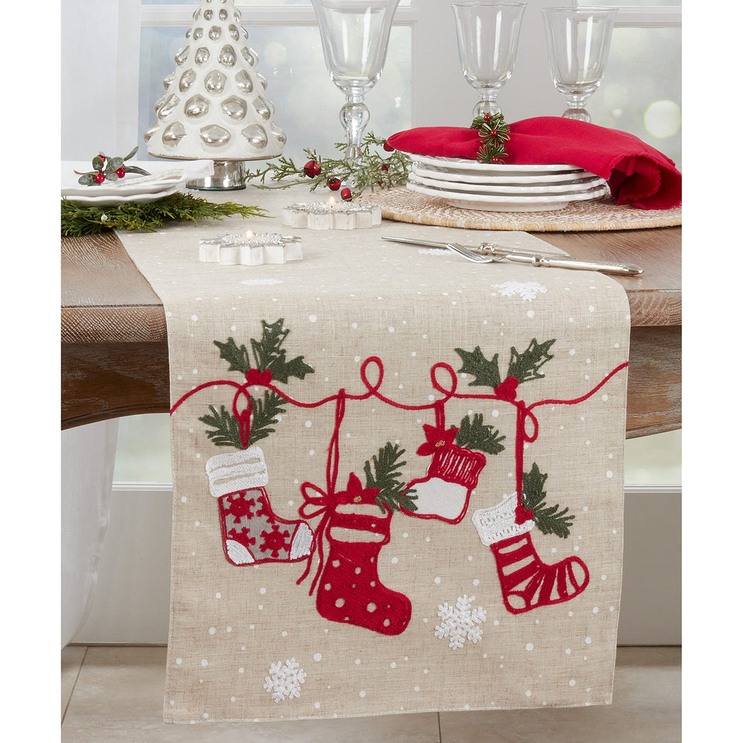 Christmas Table Runner with Stockings Design 16"x70" Tan Linen Polyester