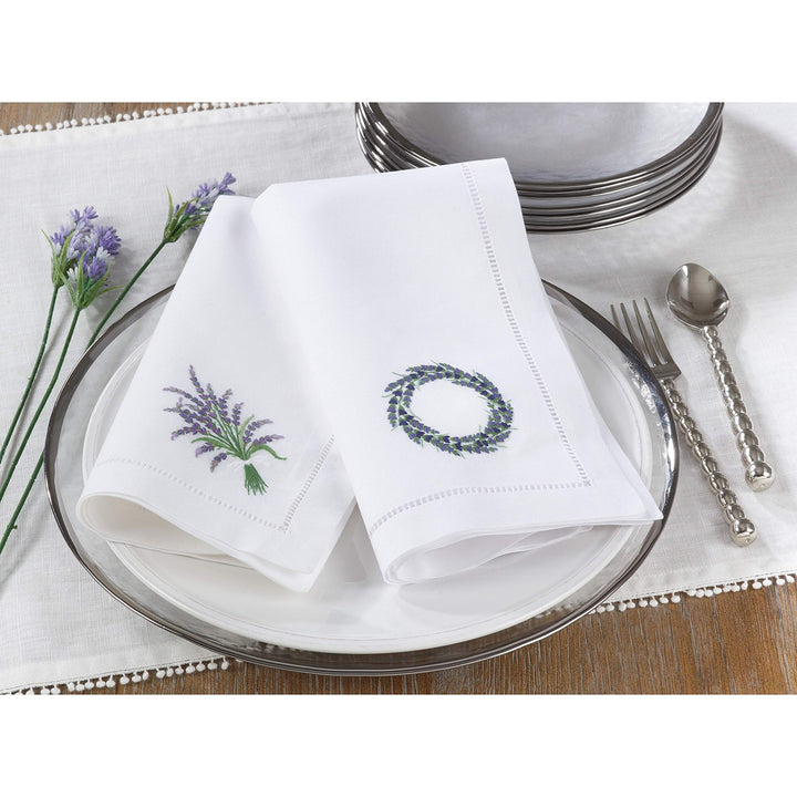 Table Napkins with Hemstitch Border and Lavender roidery (Set of 6) White