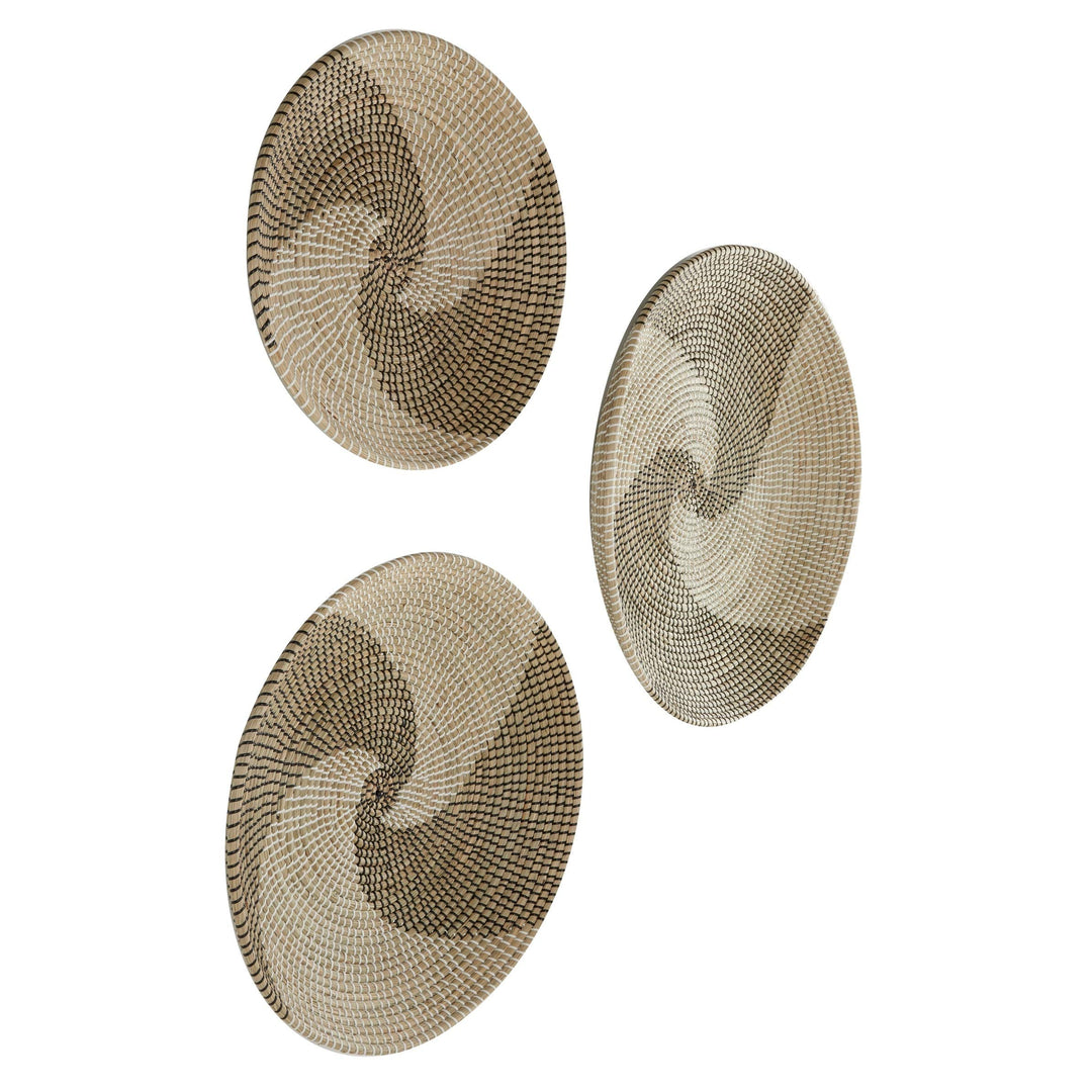 Round Black and White Swirl Natural Seagrass Wall Trays Set of 3 28.5" 23.5" 20"