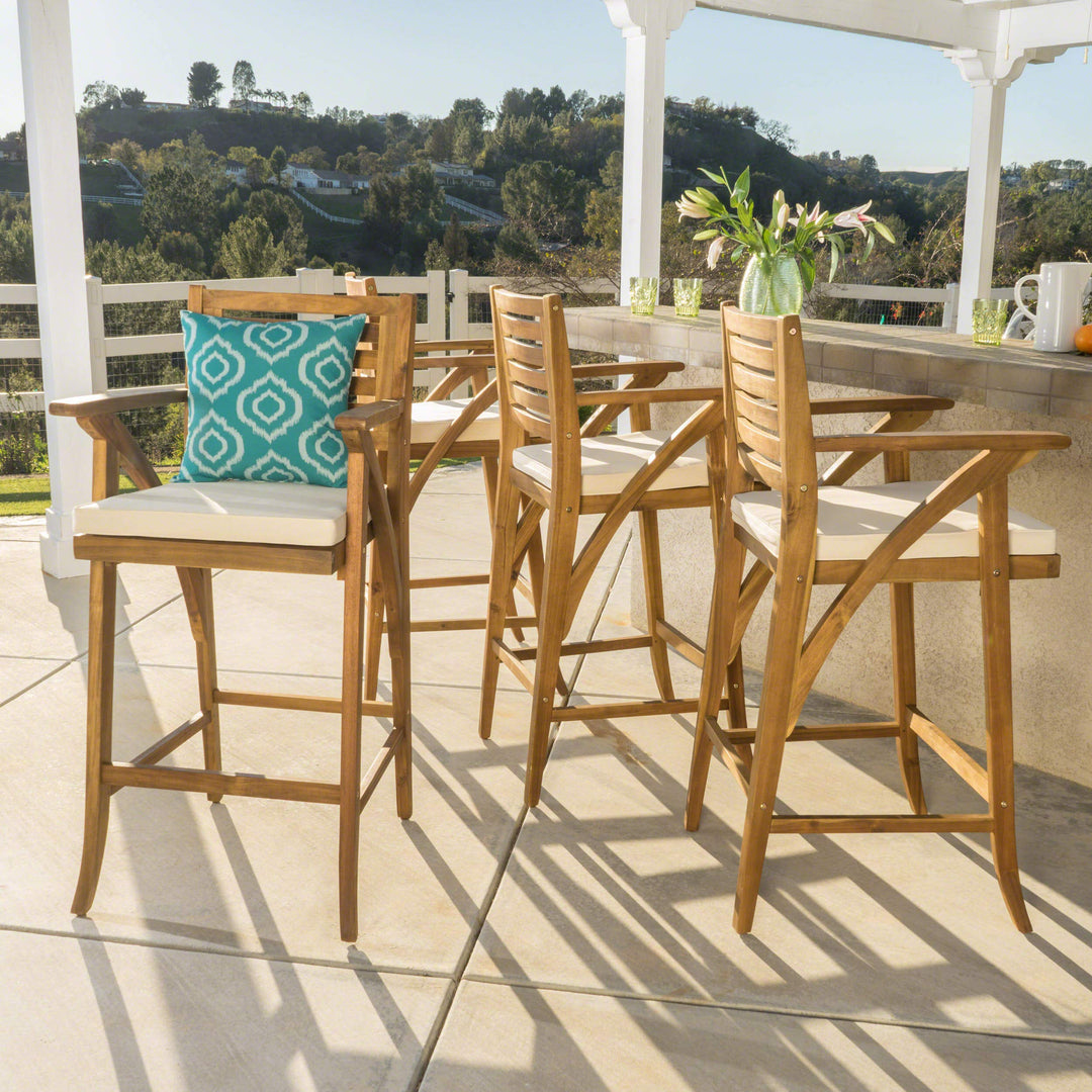 Christopher Knight Home Hermosa Acacia Wood Outdoor Barstools 4-Pcs Set Teak Brown+Cream