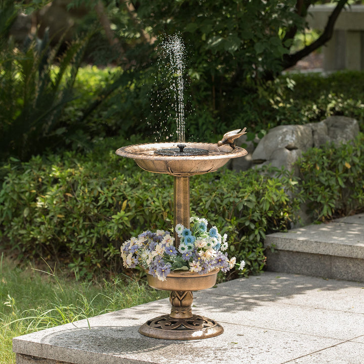 Garden Bird Bath and Solar Powered Round Pond Fountain Copper