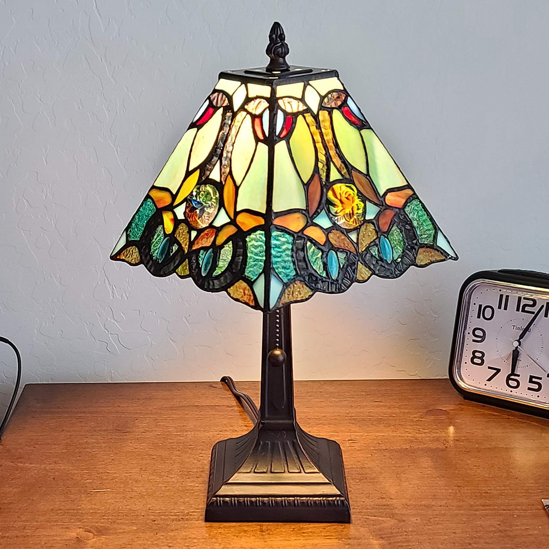 Tiffany Style Mini Accent Lamp 15" Tall Stained Glass Blue Green Vintage Antique Blue/Multi-color