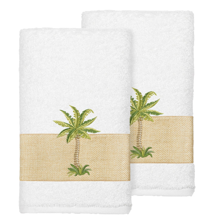 Turkish Cotton Palm Tree Embroidered White Hand Towels (Set of 2)F