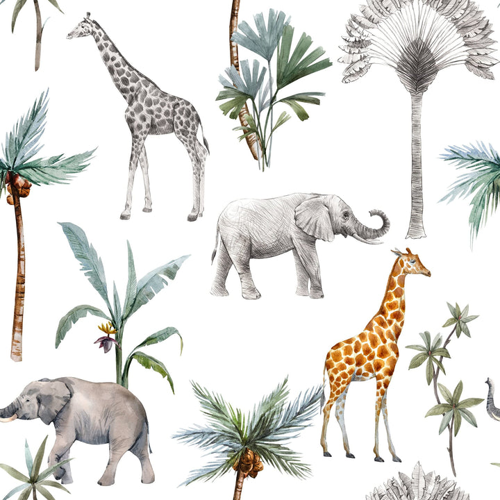 Safari Animals and Palms Removable Wallpaper 24'' Inch X 10'ft Black Grey