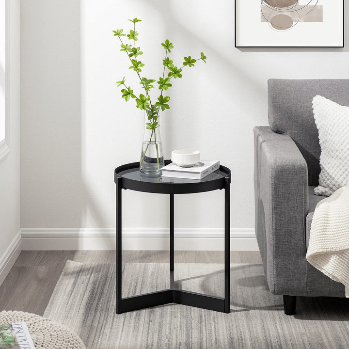 Contemporary Smoked Glass-top Side Table Black Industrial Modern Round Metal