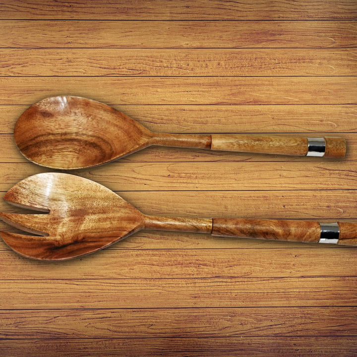 Natural Acacia Wood with Hammered Nickel 2 Pc Salad Server Set Brown Rectangle