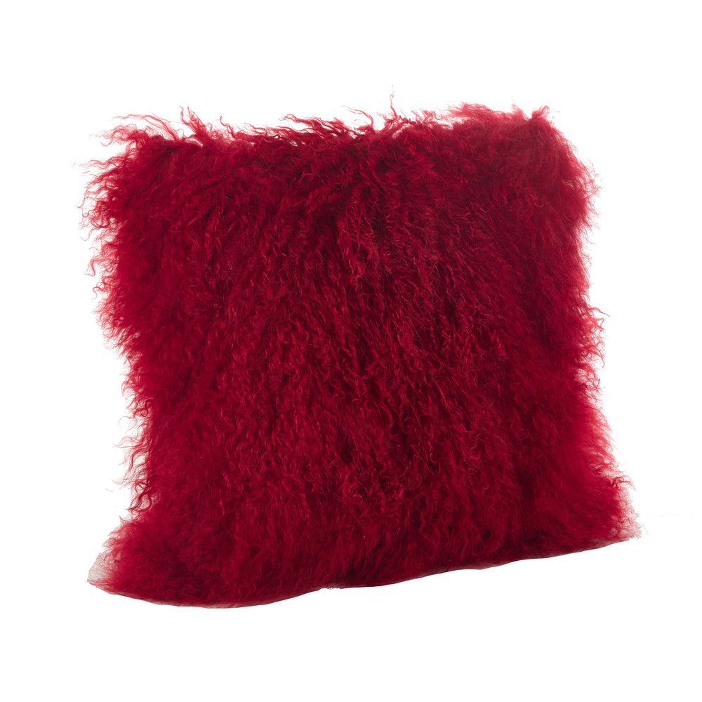 SAO LIFESTYLE 100% Wool Mongolian Lamb Fur Throw Pillow with Poly Filling 20" 20 X 20 - Red