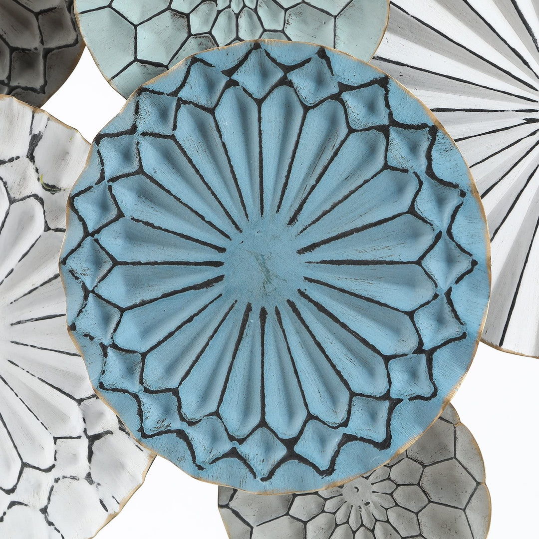 Metal Floral Pattern Round Discs Abstract Wall Art Blue Grey White Modern